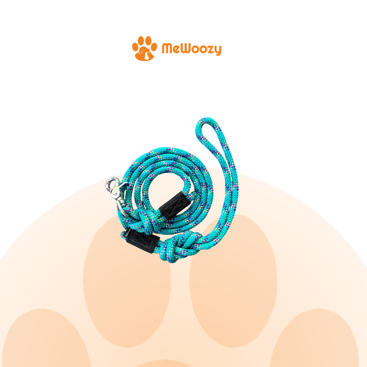 De touwriem in turquoise met paarse spikkels en zwarte hulzen