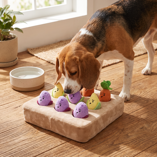 Beagle snuffelt aan pluche snuffelspeelgoed moestuin met piepende groenten op houten vloer