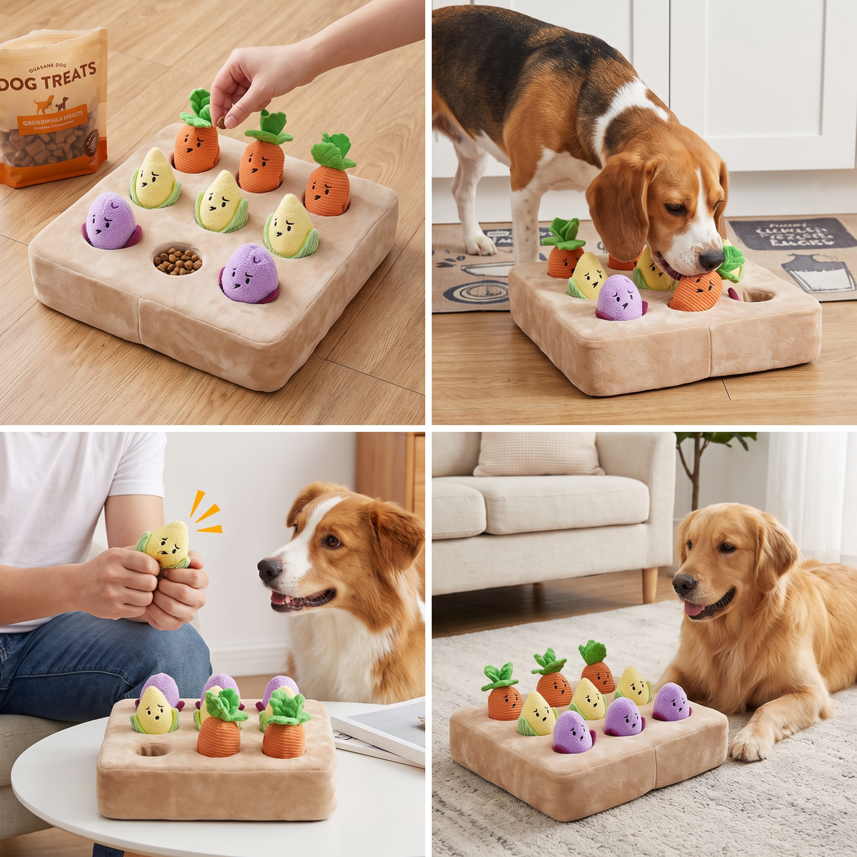 Vier situaties met de snuffelmat: vullen, beagle zoekt, collie en golden retriever