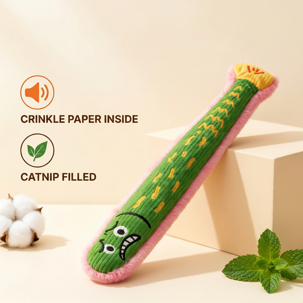Groene ribstof kicker tegen een blokje, met tekst over knisperpapier en catnip