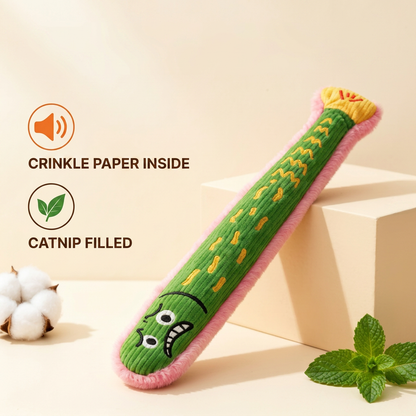 Groene ribstof kicker tegen een blokje, met tekst over knisperpapier en catnip