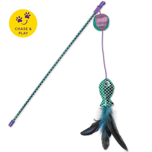 Kattenhengel met groene glittervis, veren en paarse bal aan elastisch koord
