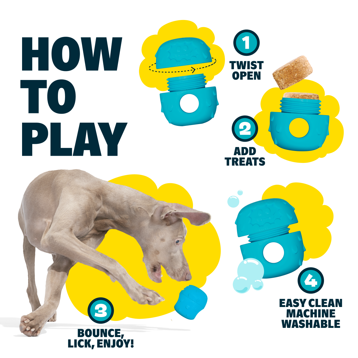 Grijze weimaraner speelt met de snackbal naast dezelfde vierstappenuitleg over vullen
