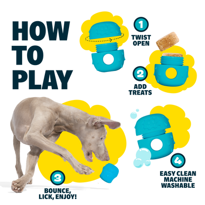 Grijze weimaraner speelt met de snackbal naast dezelfde vierstappenuitleg over vullen