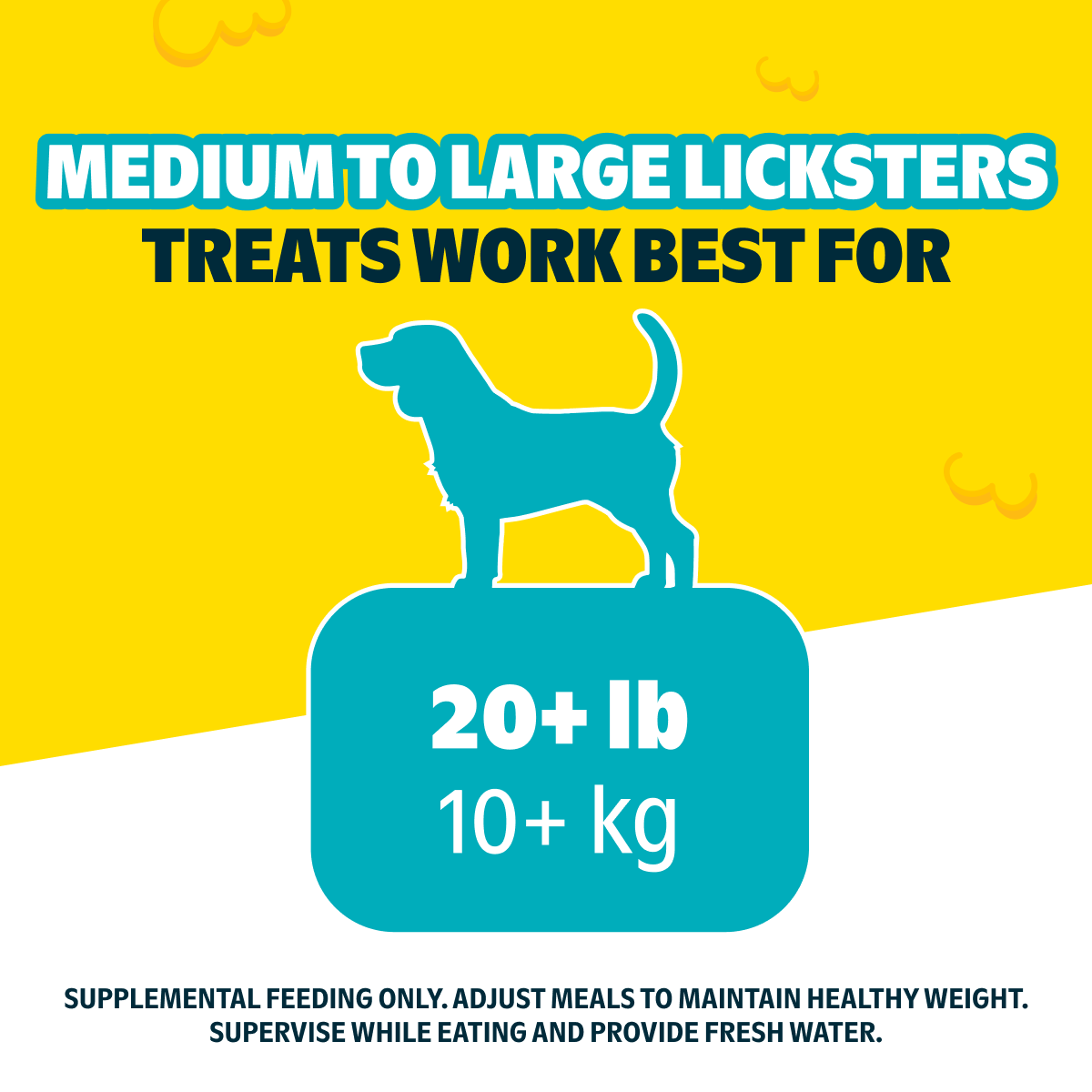 Uitleg dat de middelgrote tot grote snacks passen bij honden vanaf 10 kg