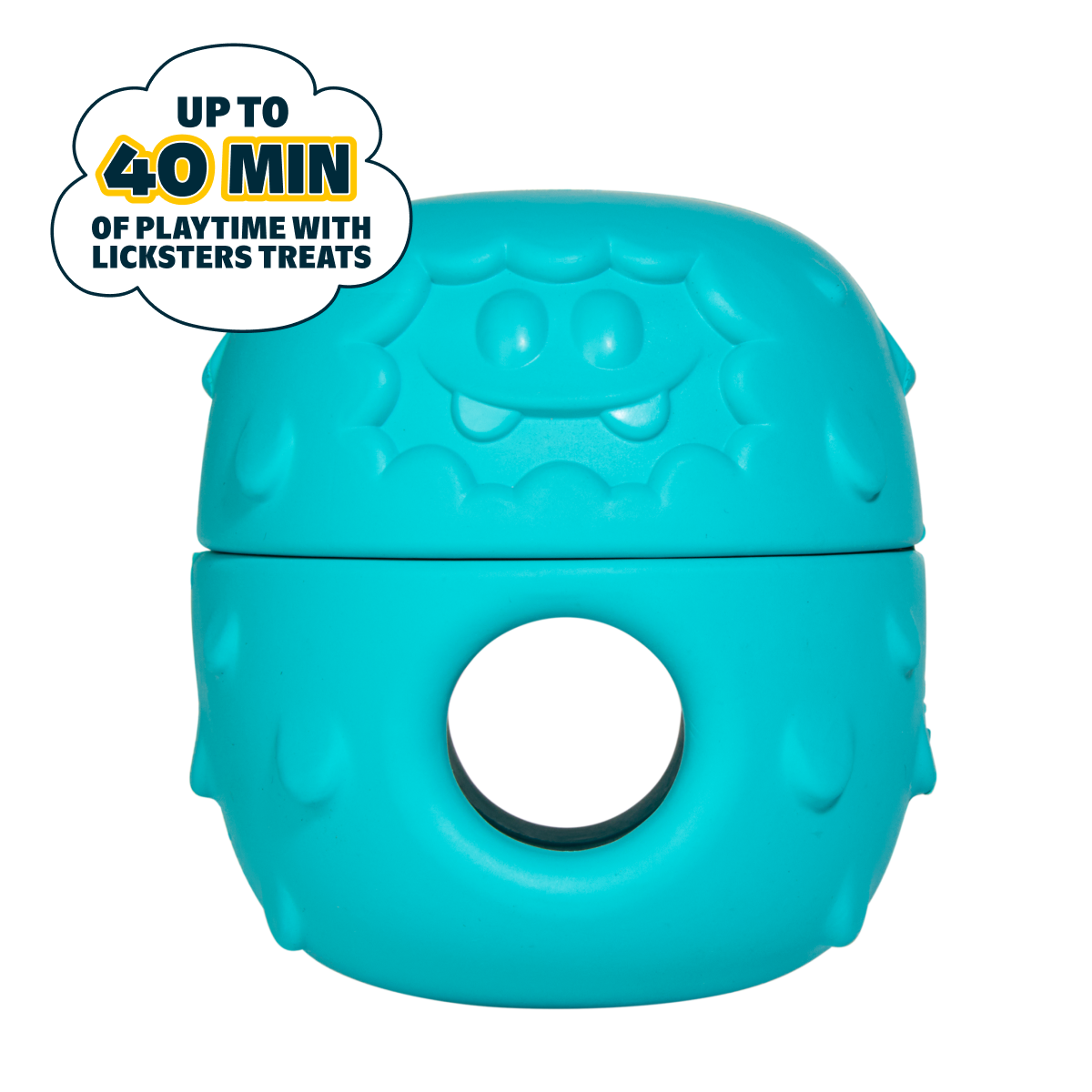 Turquoise rubberen snackbal voor honden met gezichtje en rond gat in het midden