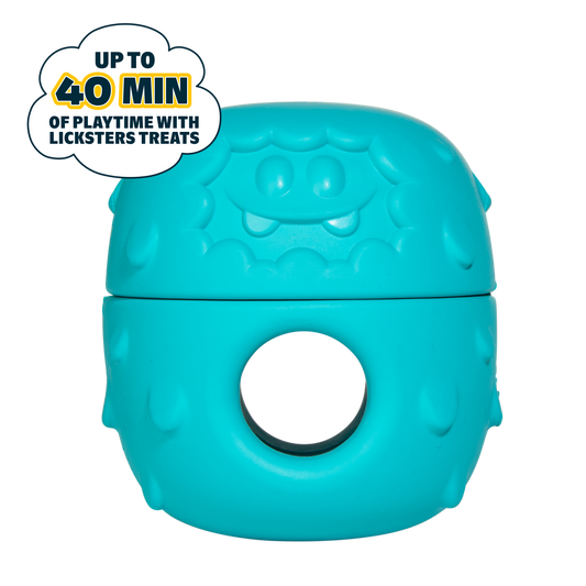 Turquoise rubberen snackbal voor honden met gezichtje en rond gat in het midden
