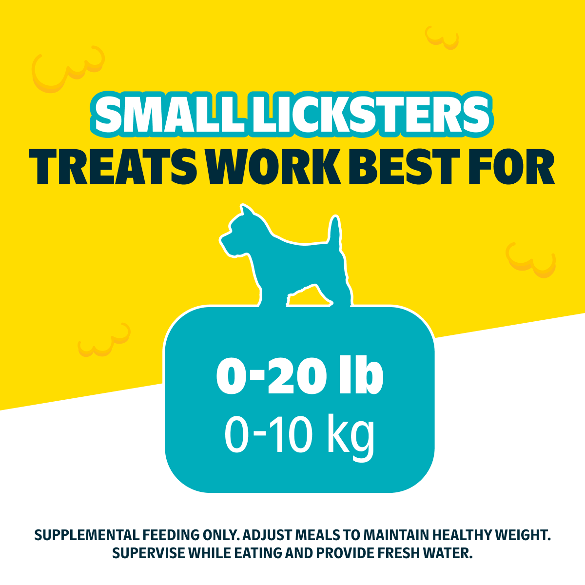 Uitleg dat de kleine Licksters-snacks passen bij honden tot 10 kg