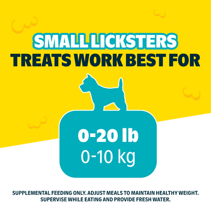 Uitleg dat de kleine Licksters-snacks passen bij honden tot 10 kg