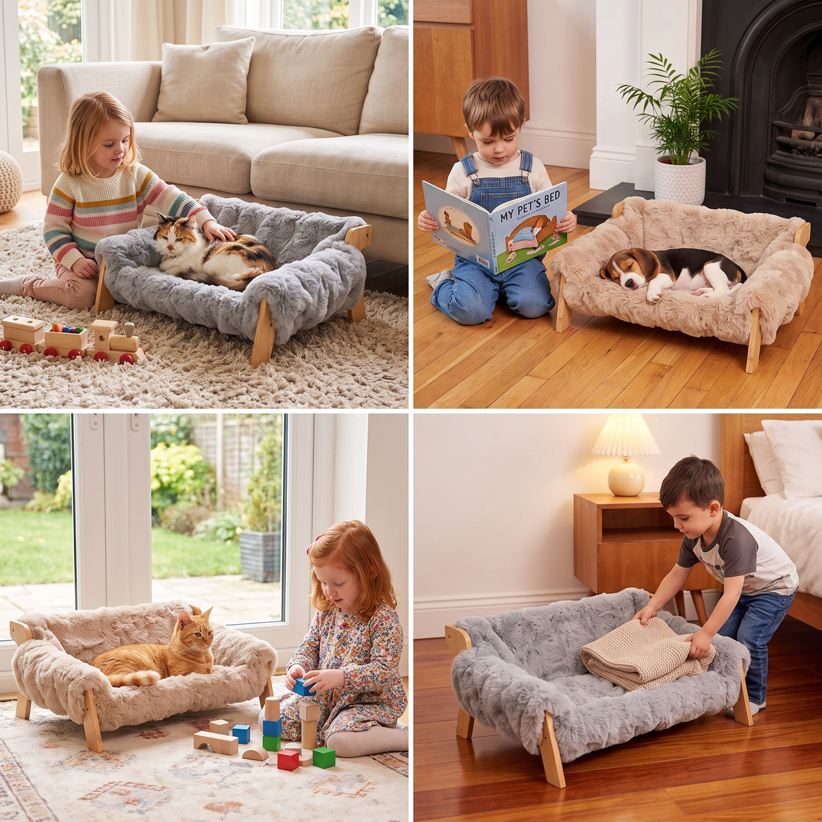 Vier scènes met kinderen, katten en een puppy bij de mand
