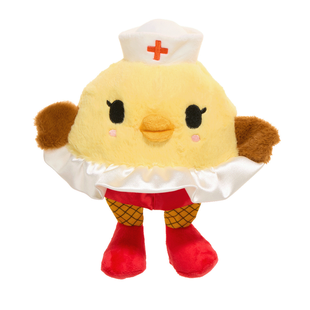 Gele pluche hondenknuffel als kuiken met verpleegsterskapje, witte rok en rode laarsjes