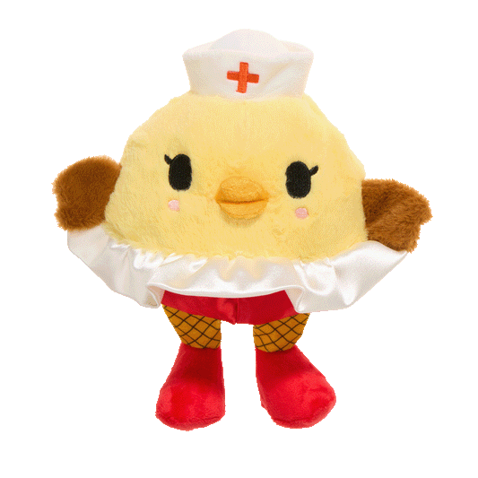 Gele pluche hondenknuffel als kuiken met verpleegsterskapje, witte rok en rode laarsjes