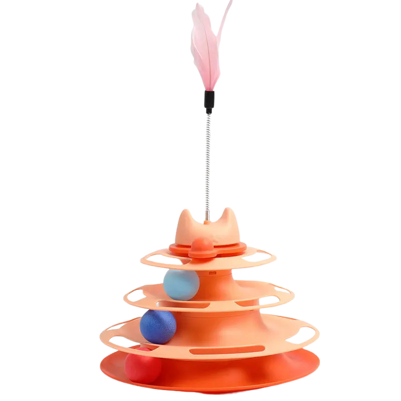 Oranje variant van de speeltoren met blauwe en rode ballen en roze veer