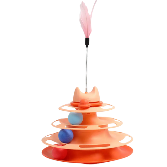 Oranje variant van de speeltoren met blauwe en rode ballen en roze veer