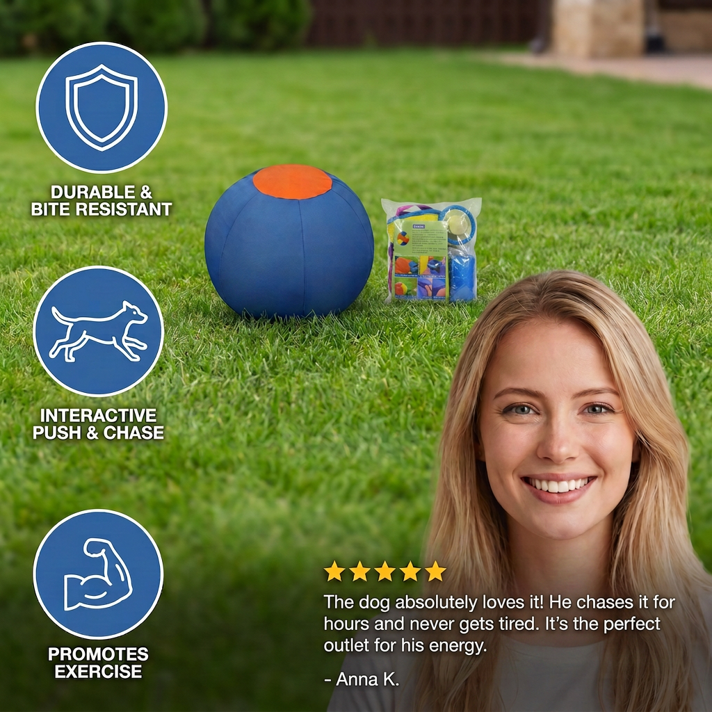 De bal met verpakking op gras, iconen voor sterk materiaal en een klantreview