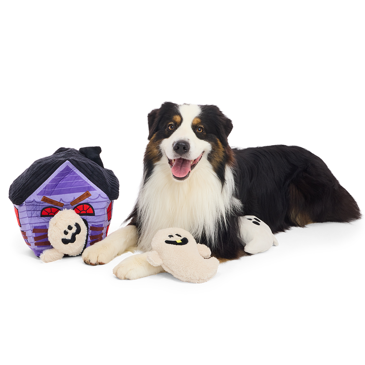Pluche snuffelspeelgoed spookhuis met drie spookjes naast liggende Australian shepherd