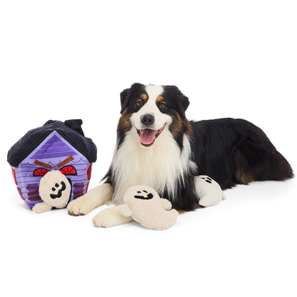 Pluche snuffelspeelgoed spookhuis met drie spookjes naast liggende Australian shepherd