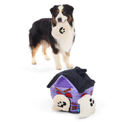 Hond draagt een spookje in de bek naast het paarse snuffelhuis