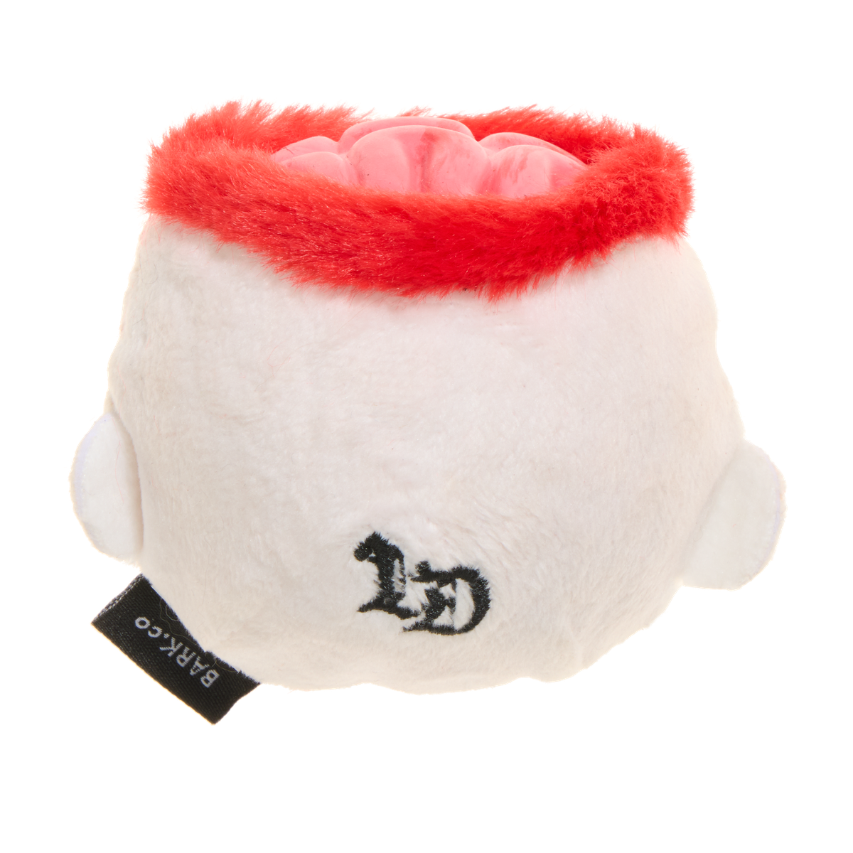 Achterkant van het pluche speeltje met geborduurd logo en zwart label