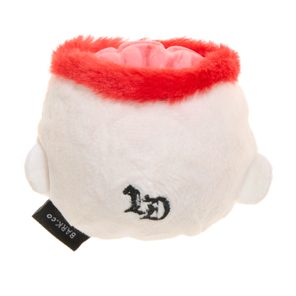 Achterkant van het pluche speeltje met geborduurd logo en zwart label