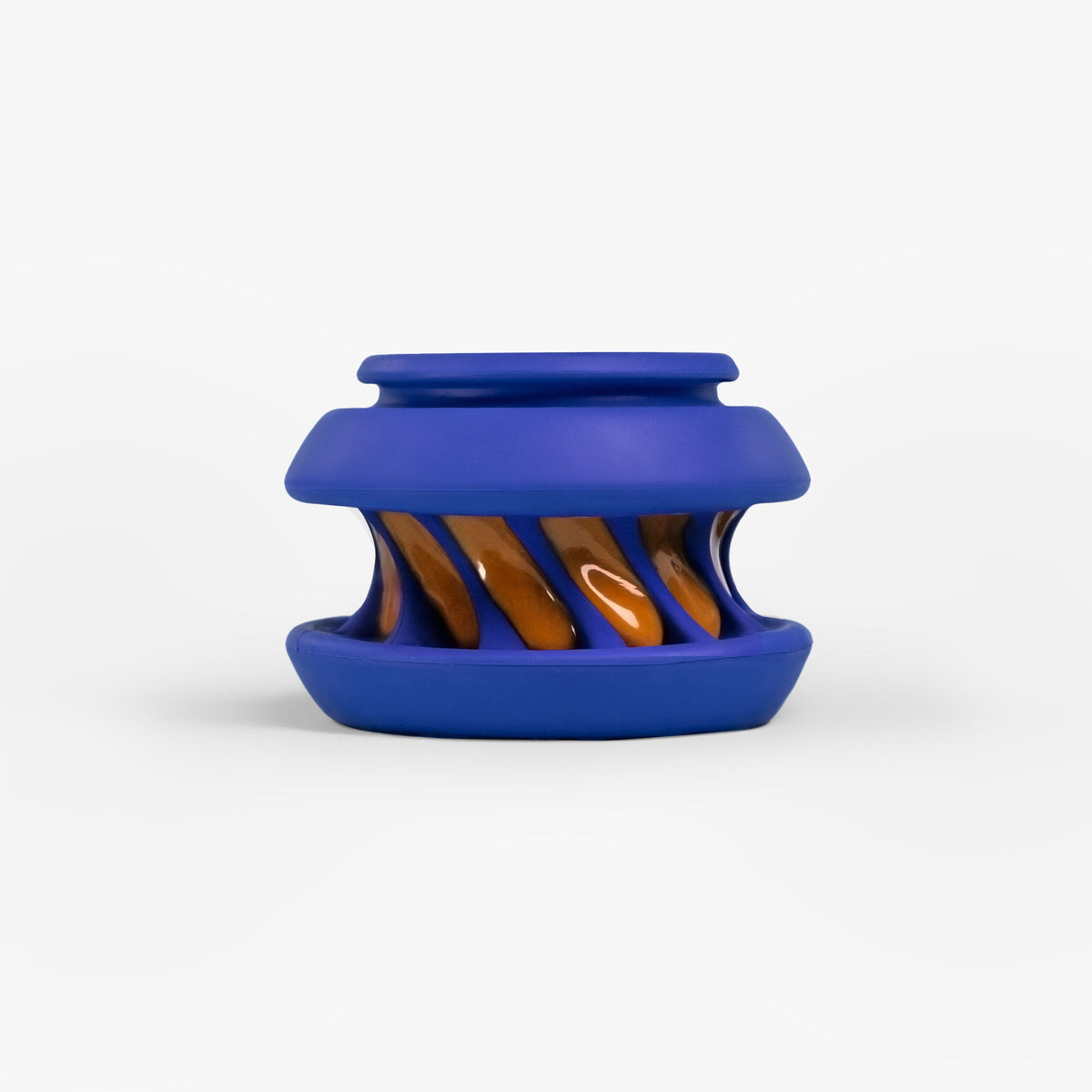 Blauw snuffelspeelgoed van natuurrubber voor honden, gevuld met oranje smeerbare snack