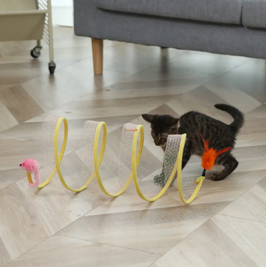 Gestreept kitten speelt met de oranje veer aan de kattentunnel