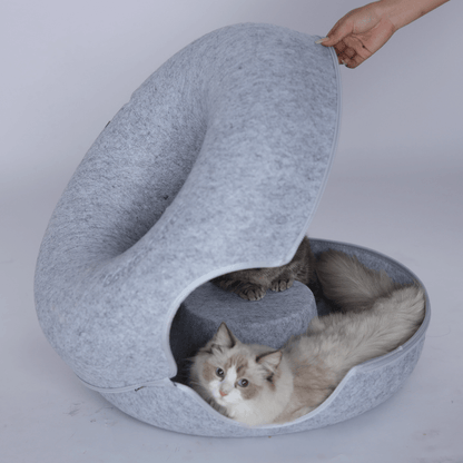 Hand tilt de bovenkant van de kattengrot op, twee katten liggen binnenin
