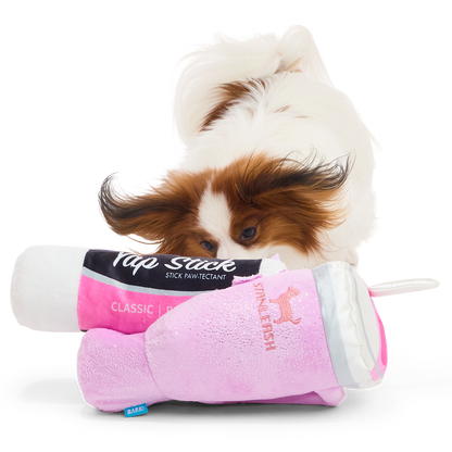 Papillon snuffelt aan de liggende beker met de Yap Stick ernaast