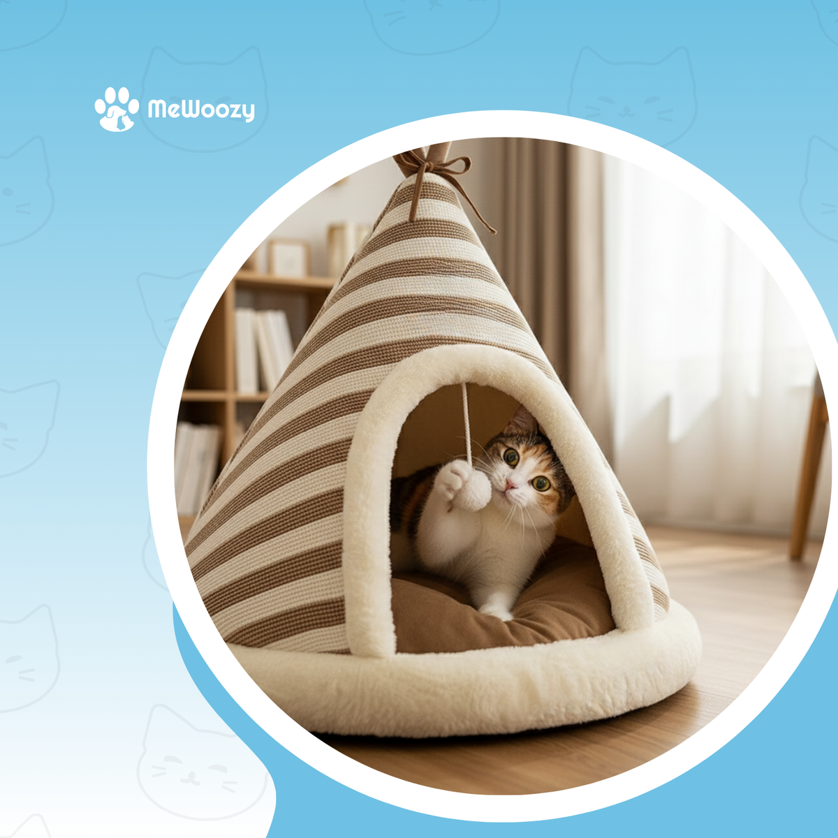 Lapjeskat speelt met het balletje in het bruine kattenhuis in de woonkamer