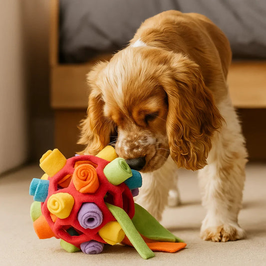Snuffelbal van rood rubber met kleurrijke stoffen rolletjes en een cockerspaniël-pup erbij