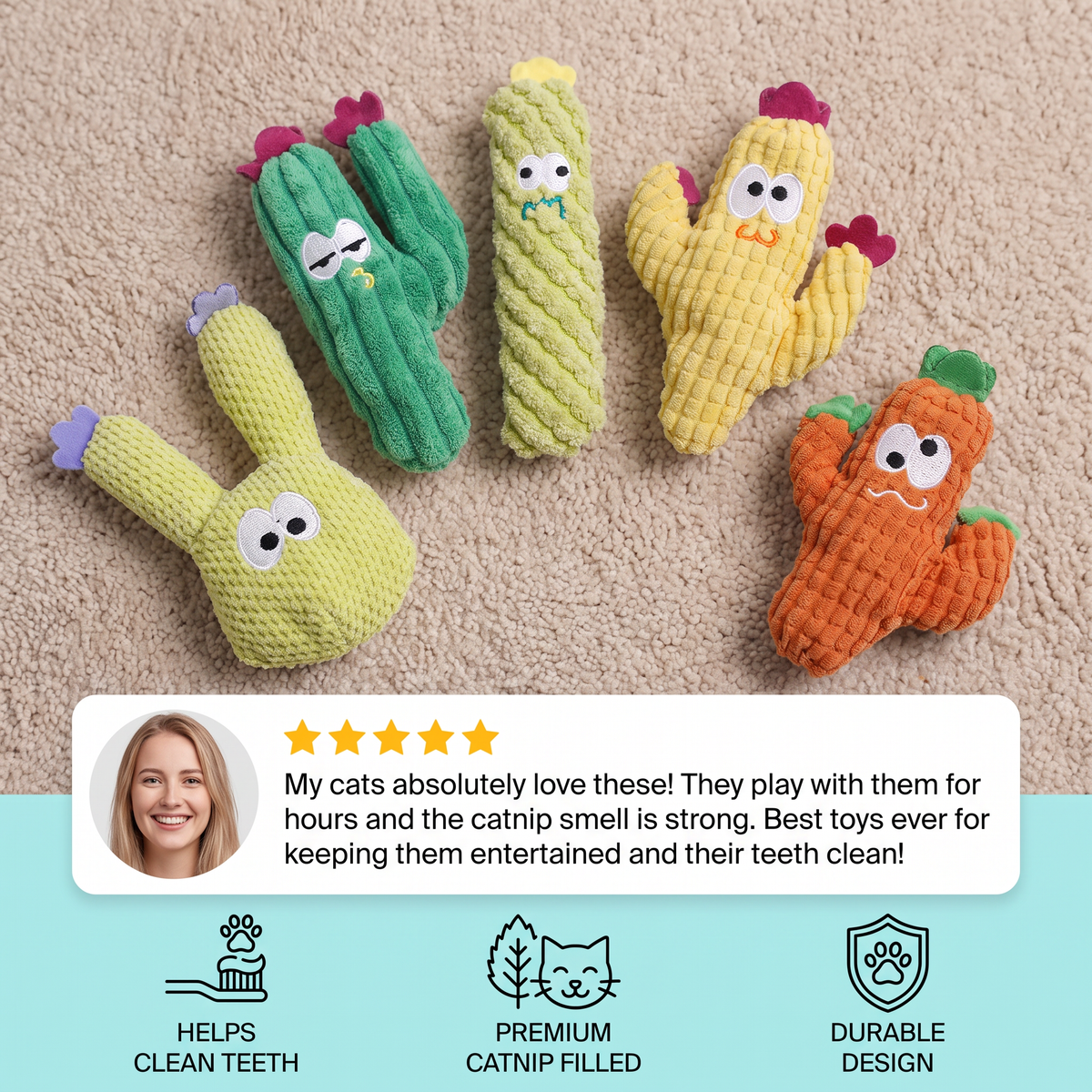 Vijf cactussen in verschillende kleuren met klantreview en iconen voor tanden, kattenkruid en stevigheid