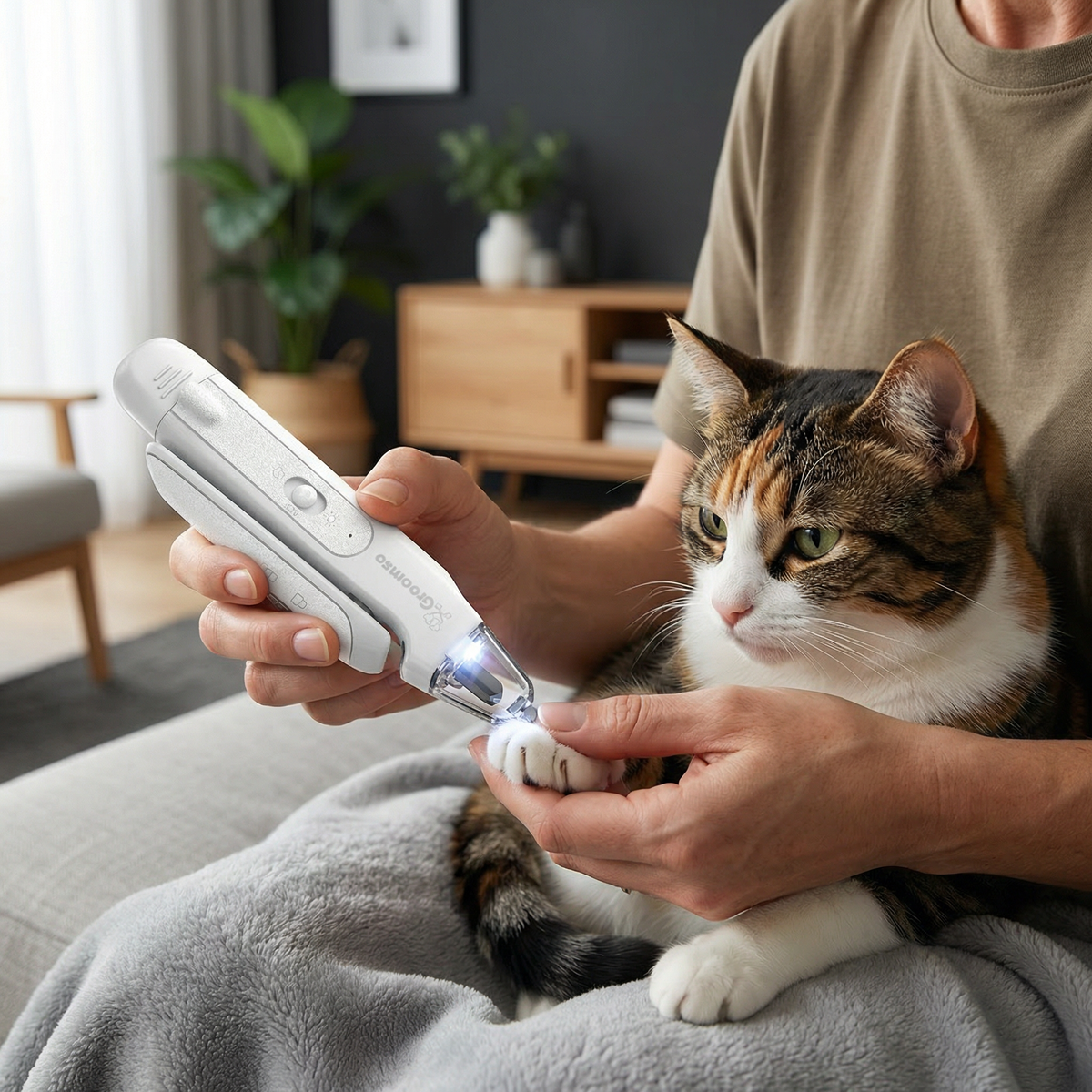 Witte nageltrimmer met ledlampje knipt nagel van lapjeskat op schoot