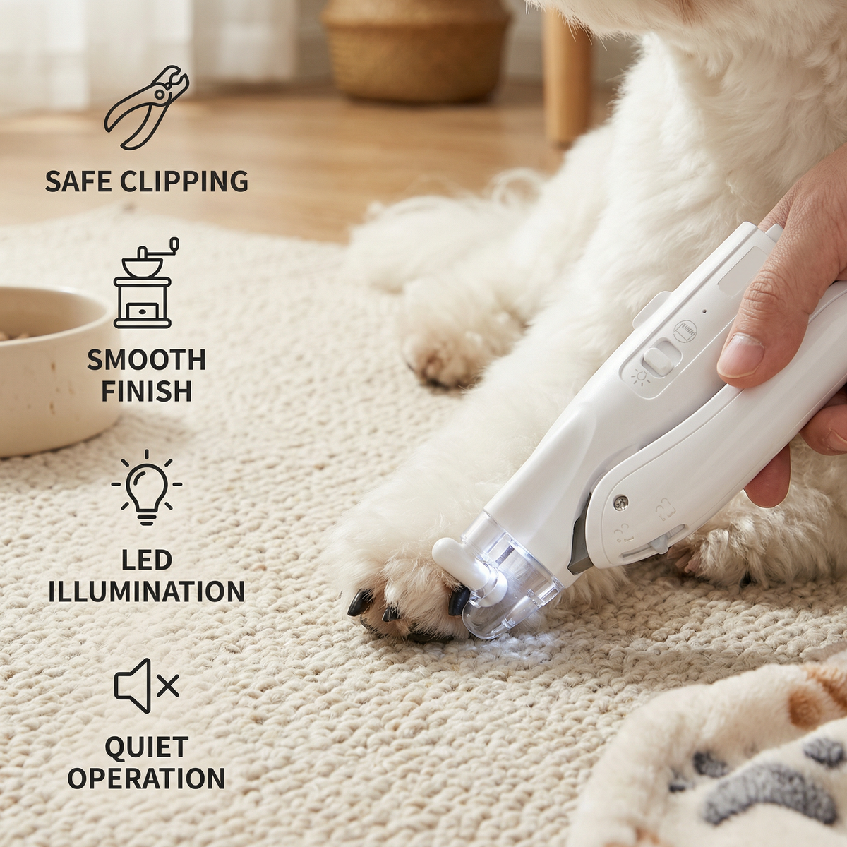 Witte trimmer verlicht nagels van witte hond op beige vloerkleed