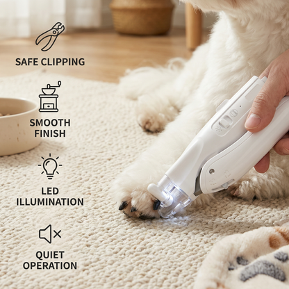 Witte trimmer verlicht nagels van witte hond op beige vloerkleed