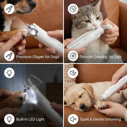 Trimmer knipt en vijlt nagels bij hond, kat en puppy op bank