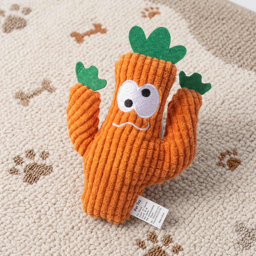 Oranje ribfluwelen cactus met groene blaadjes en verbaasde oogjes op vloerkleed