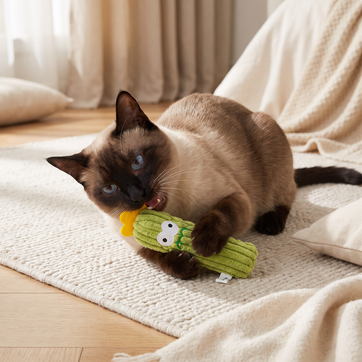 Siamese kat speelt met groen cactus kattenspeelgoed met kattenkruid op wit vloerkleed