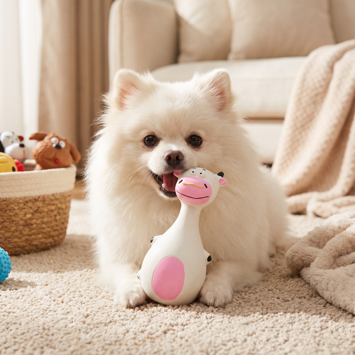 Witte keeshond met piepend latex koeienspeeltje voor zich op het vloerkleed