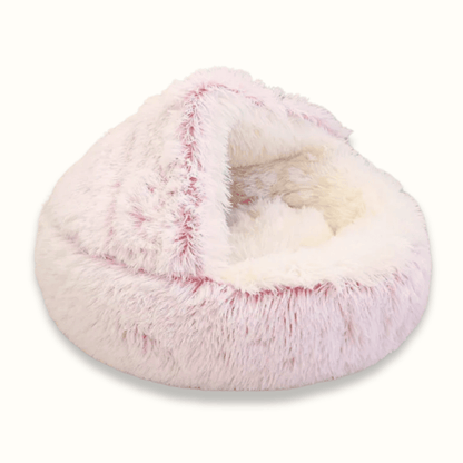 Roze pluche kattenmand met kap en zachte witte binnenkant, losstaand