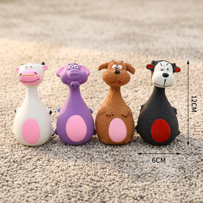 Koe, olifant, puppy en lam naast elkaar, ongeveer 12 cm hoog en 6 cm breed