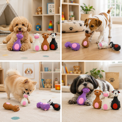 Vier verschillende honden spelen in de woonkamer met de latex dierfiguurtjes