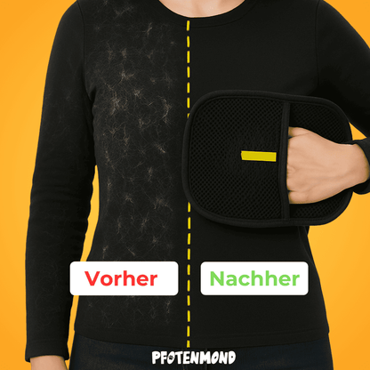 Zwart shirt vol haren links en schoon rechts na gebruik van de handschoen