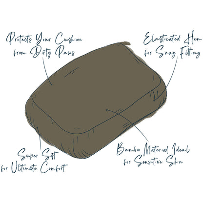 Tekening van de hoes met uitleg over elastische rand, zachte stof en bamboe materiaal