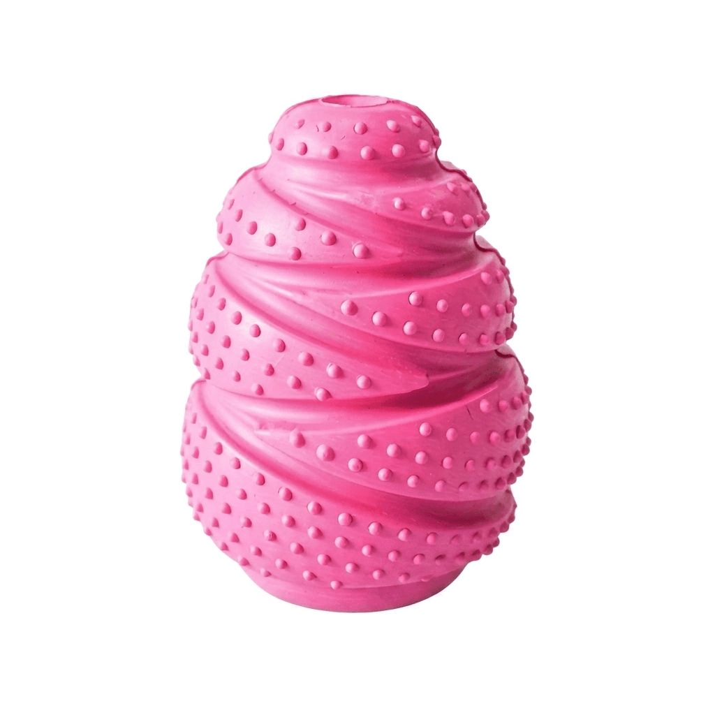 Roze snackbal van rubber met gedraaide ribbels en noppen