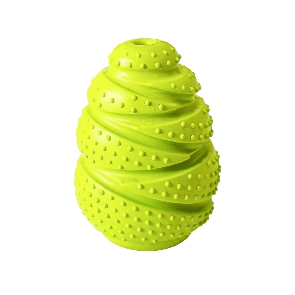 Lichtgroene snackbal van rubber met spiraalribbels en kleine noppen