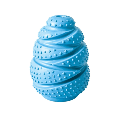 Blauwe rubberen snackbal voor honden met noppen en snackopening bovenop