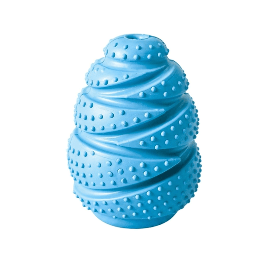 Blauwe rubberen snackbal voor honden met noppen en snackopening bovenop