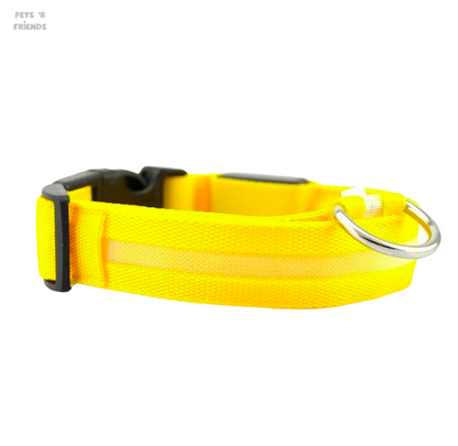 Gele nylon halsband met lichtstrook en zwarte kunststof sluiting