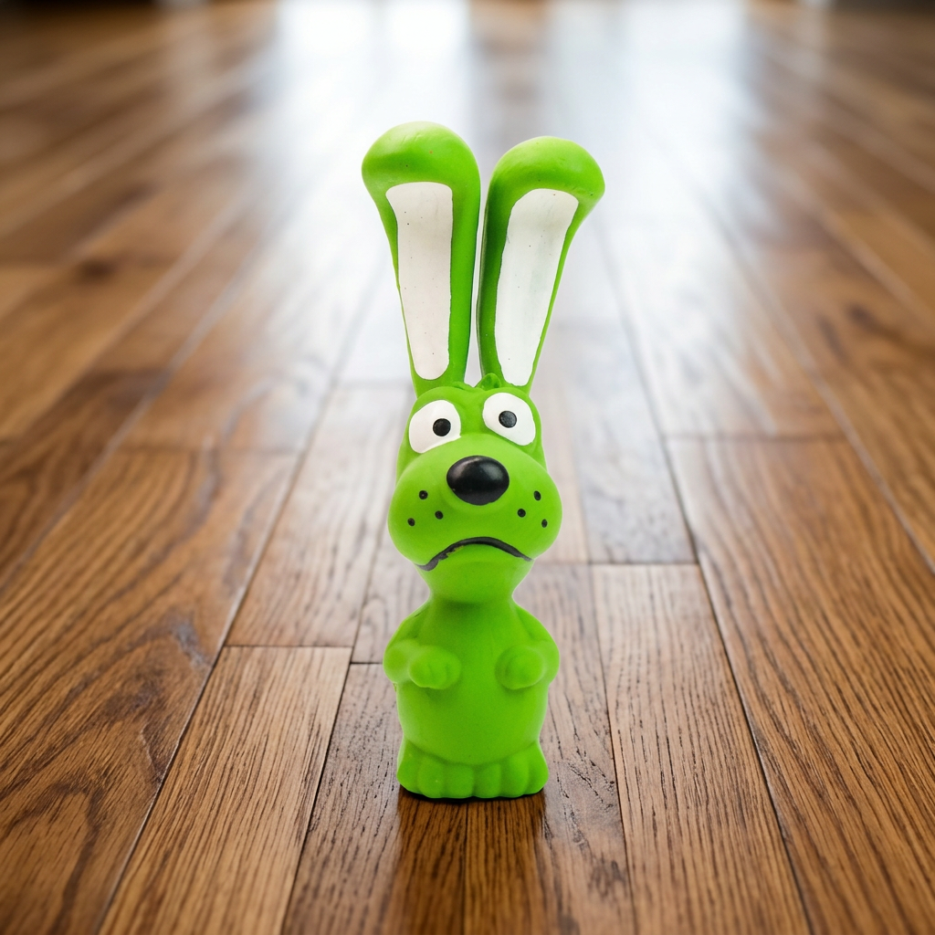 Groen latex konijntje met witte oren en zwarte neus op houten vloer