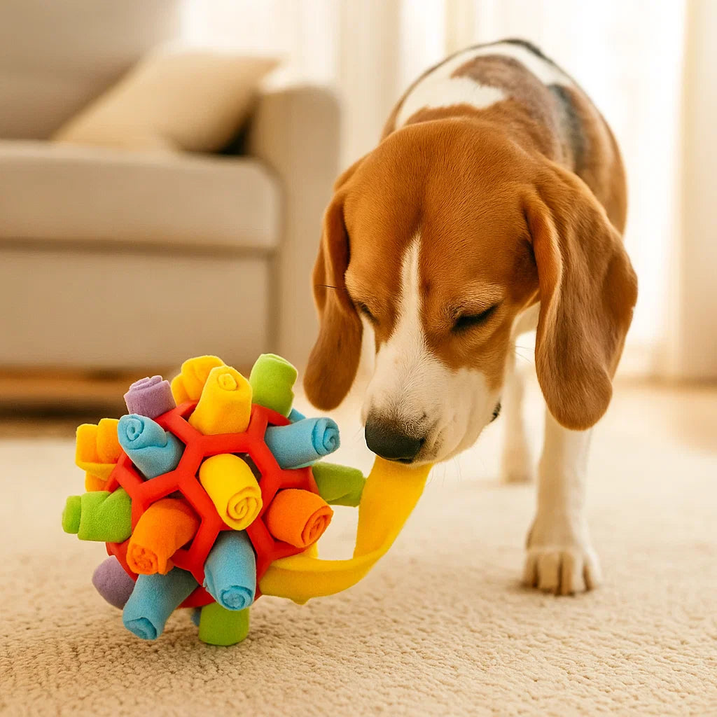 Beagle trekt aan het gele lint van een kleurrijke snuffelbal op het tapijt